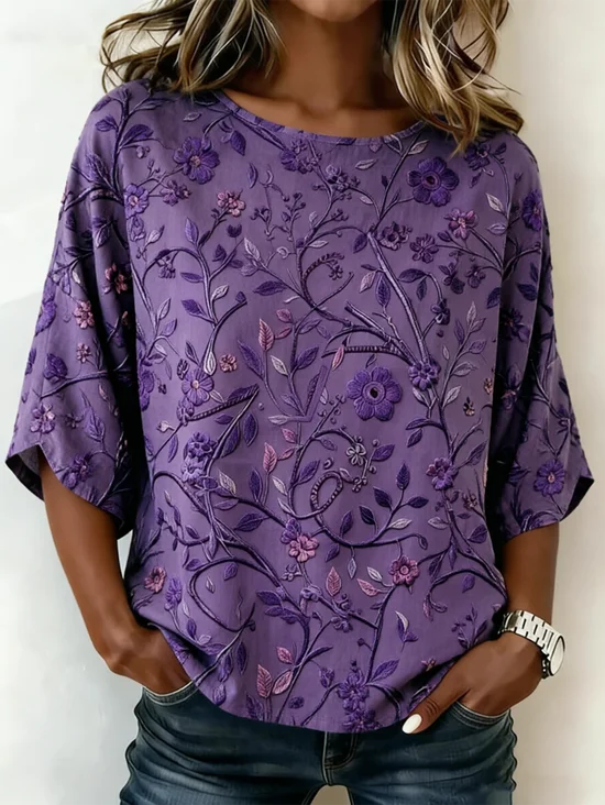 Women's Purple Floral Print Blouse Round Neck Short Sleeve Casual Top