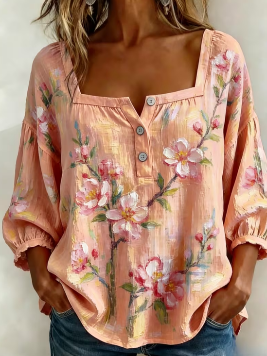 Women's Three Quarter Sleeve Blouse Spring/Fall Orange Red Floral Printing Square Neck Daily Going Out Vintage Top