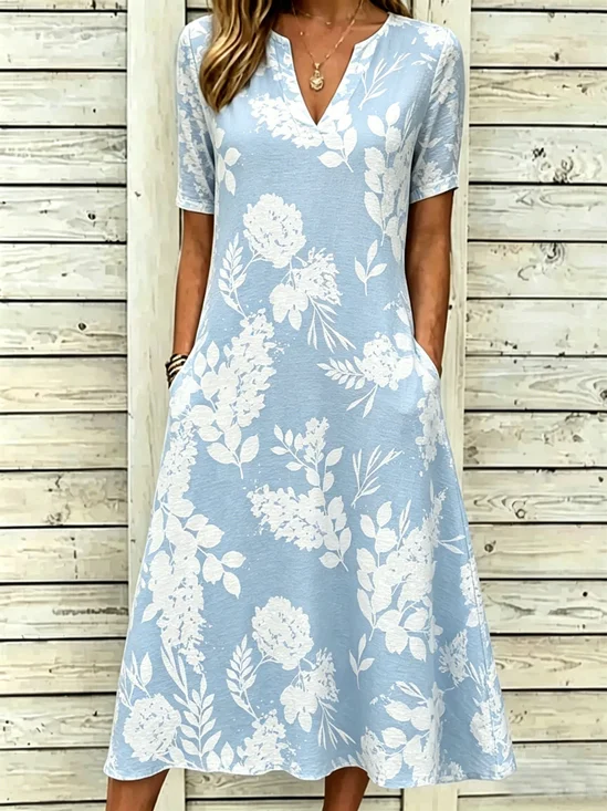 Elegant Blue Floral Print V Neck Short Sleeve Casual Maxi Dress