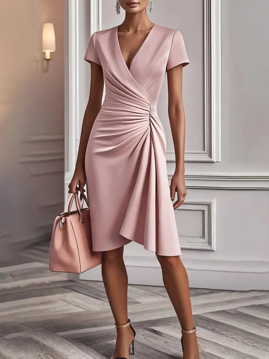 Plain A Waist-Shrinking Style Wrinkle V Neck Short Sleeve Going Out Elegant Dress
