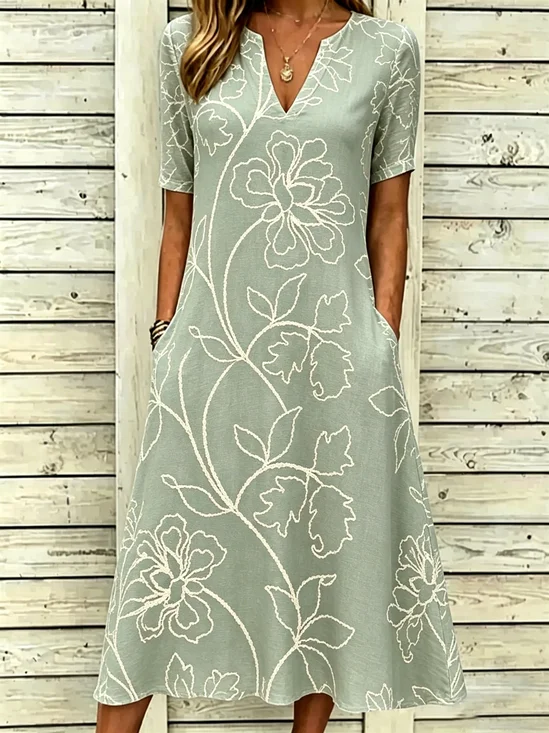 Elegant Vintage Floral Print V Neck Short Sleeve Casual Maxi Dress