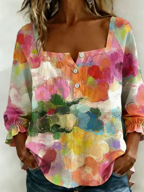 Women's Three Quarter Sleeve Blouse Spring/Fall As Picture Abstract Printing Square Neck Daily Going Out Vintage Top