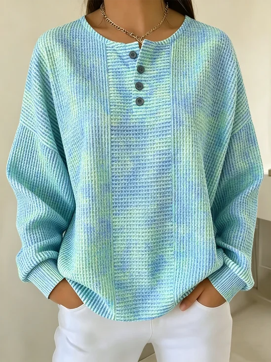 Women's Lightweight Tie-Dye Print Henley Long Sleeve Sweatshirt