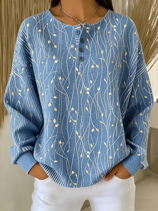 Women's Lightweight Floral Branch Print Henley Long Sleeve Sweatshirt