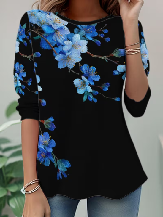 Women's Long Sleeve T-shirt Spring/Fall Black Floral Jersey Crew Neck Daily Going Out Casual Top