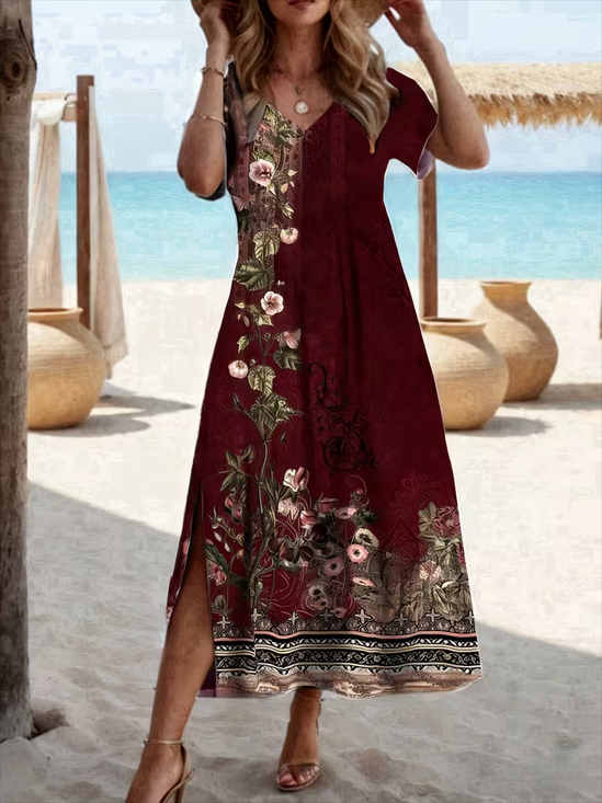 Women's Short Sleeve Summer Wine Red Floral Printing Crew Neck Daily Going Out Casual Maxi H-Line T-Shirt Dress Dress