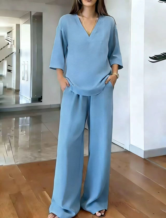 Women's Plain Short Sleeve V Neck Top With  Wide Leg Pants Spring Summer Casual Two-Piece Set