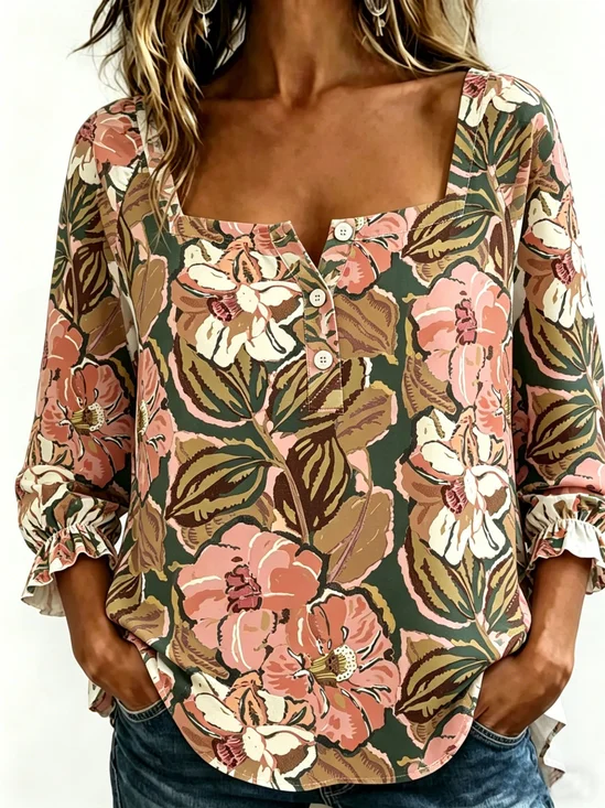 Women's Three Quarter Sleeve Blouse Spring/Fall As Picture Floral Printing Square Neck Daily Going Out Vintage Top