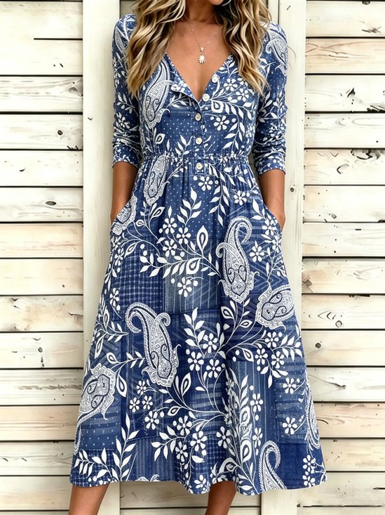 Paisley Print Half Sleeve Round Neck Button A-Line Vintage Casual Dress