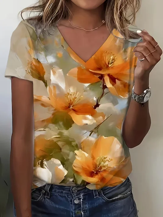 Women's Short Sleeve T-shirt Summer Orange Floral Printing V Neck Holiday Going Out Vintage Top