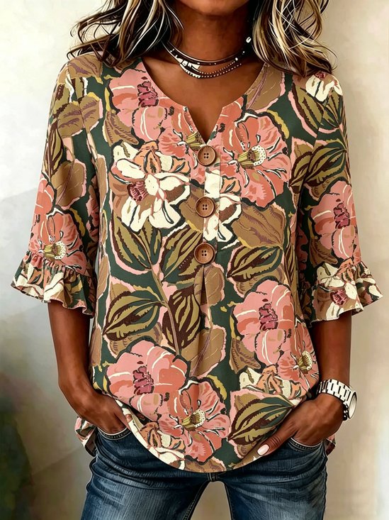 Women's Retro Floral Print  Half  Sleeve Ruffle Cuff Blouse Summer V Neck Button Daily Going Out Vintage Top