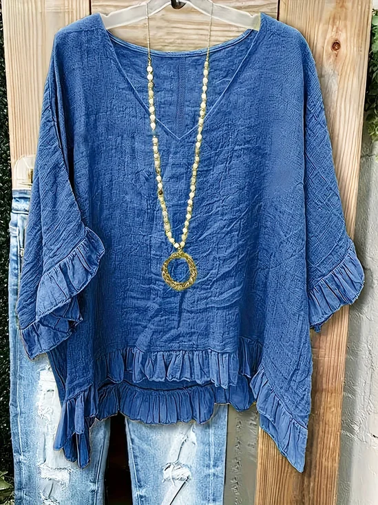 Women's Polyester Cotton V Neck Short Sleeve Ruffle Cuff Top Daily Going Out Plain  Loose Casual Blouse