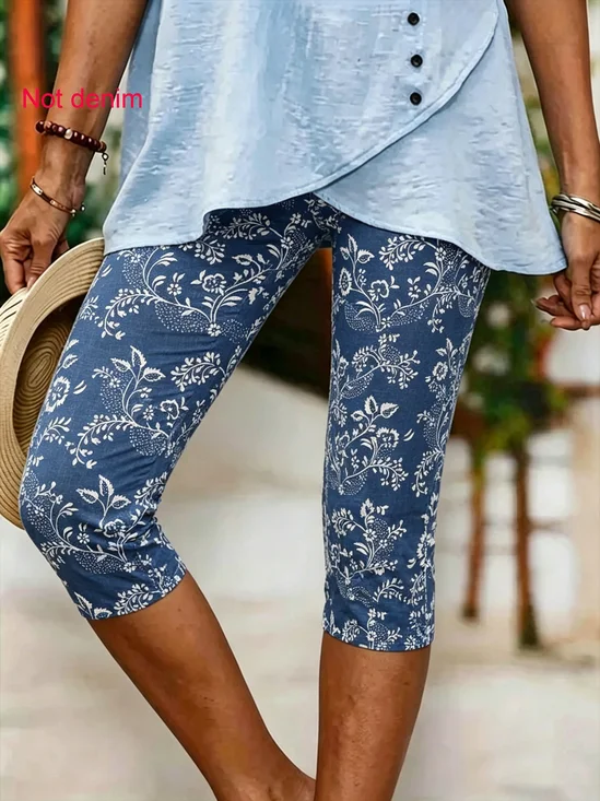 Casual Denim Blue Floral Print Cotton Regular Fit Leggings