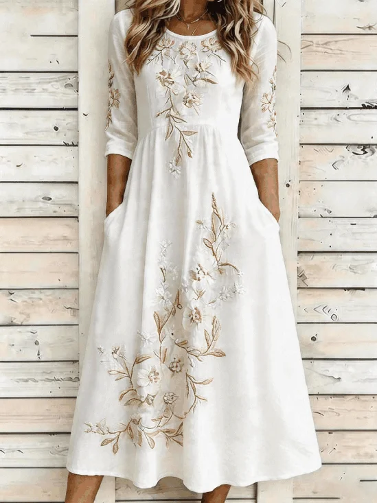 White Floral Print A-Line Maxi Dress with Flattering Short Sleeves