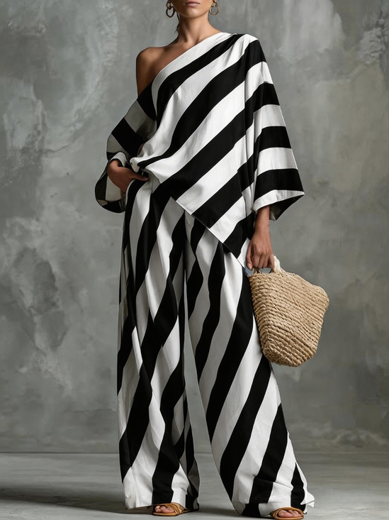Women‘s’ Asymmetrical Neck Top With Wide Leg Pants Elegant Casual Two-Piece Set