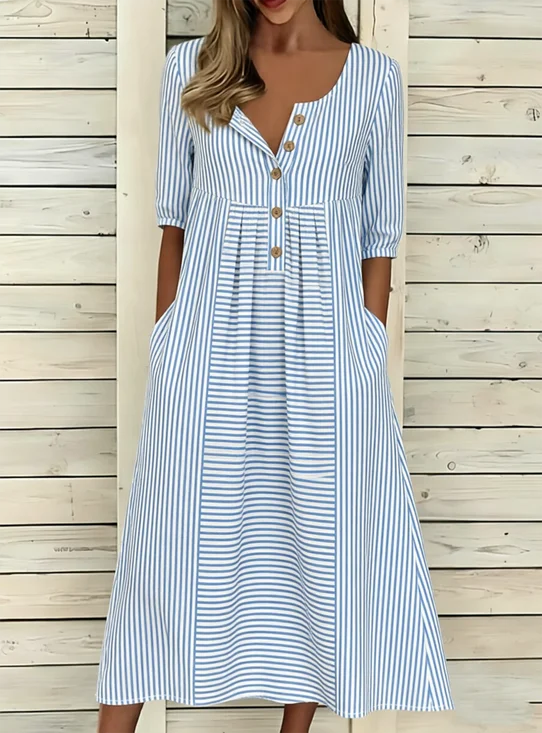 Loose Striped Vintage Half Open Collar Dress With No