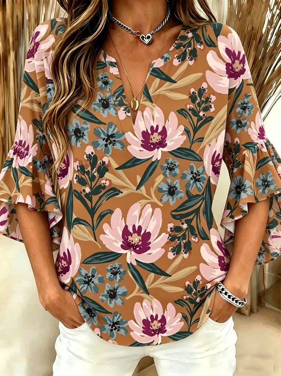 Vintage V Neck Half Sleeve Ruffle Cuff Blue Retro Floral Pattern Casual Loose Blouse
