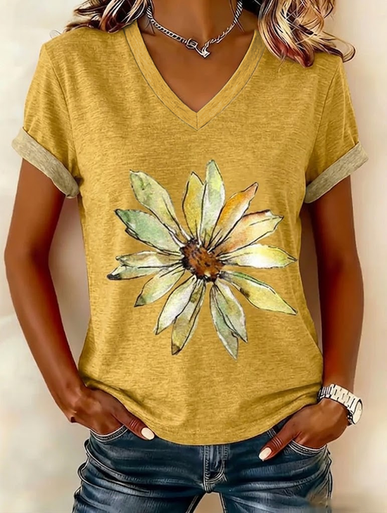 Women's Short Sleeve T-shirt Summer Yellow Floral Printing V Neck Holiday Going Out Vintage Top