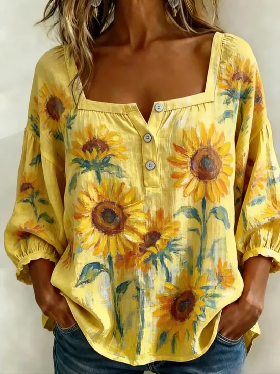 Women's Three Quarter Sleeve Blouse Spring/Fall Yellow Floral Printing Square Neck Daily Going Out Vintage Top