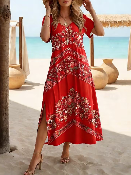 Women's Short Sleeve Summer Red Floral Printing V Neck Daily Going Out Casual Maxi X-Line Dress