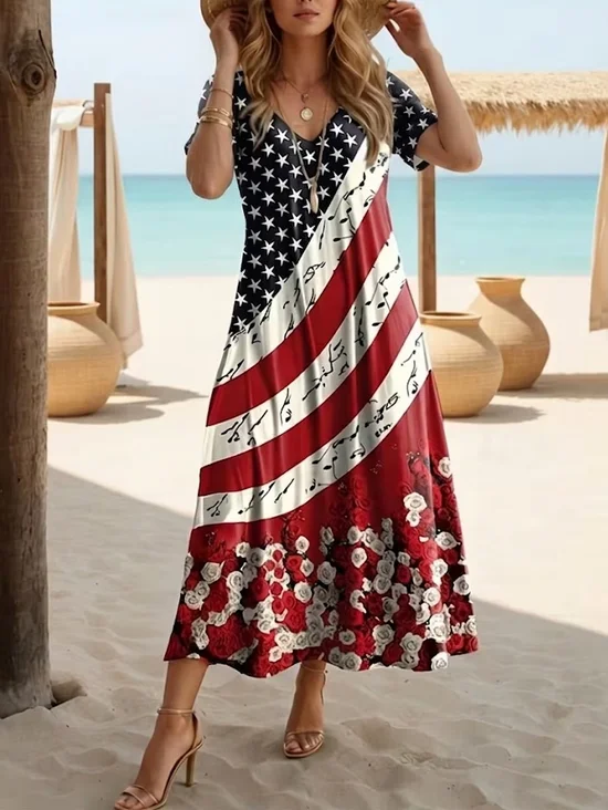 Women's Short Sleeve Summer As Picture Independence Day (Flag) Printing V Neck Daily Going Out Casual Maxi X-Line Dress