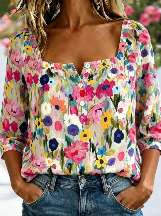 Women's Three Quarter Sleeve Blouse As Picture Floral Printing Square Neck Daily Going Out Vintage Top