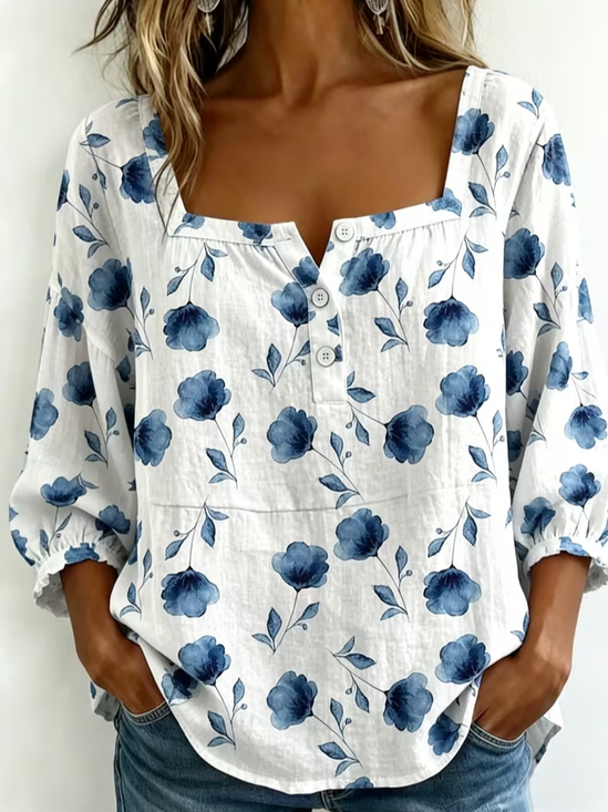 Women's Three Quarter Sleeve Blouse Spring/Fall White Floral Printing Square Neck Daily Going Out Vintage Top