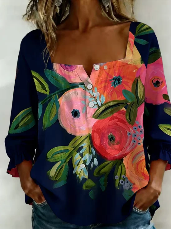 Women's Three Quarter Sleeve Blouse Spring/Fall Navyblue Floral Printing Square Neck Daily Going Out Vintage Top