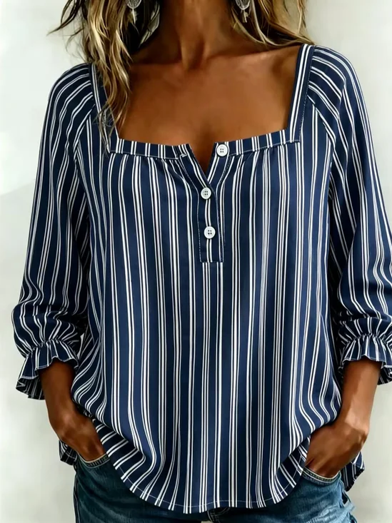 Women's Three Quarter Sleeve Blouse Spring/Fall Navyblue Striped Printing Square Neck Daily Going Out Vintage Top
