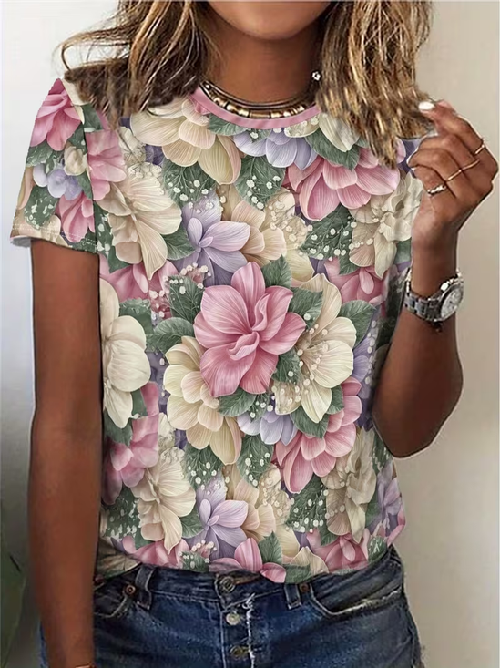 Women's Short Sleeve T-shirt Summer As Picture Floral Printing Jersey Crew Neck Daily Going Out Casual Top