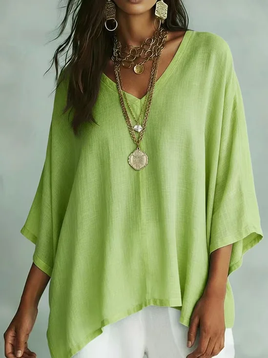 Plain V Neck Batwing Sleeve Casual T-Shirt