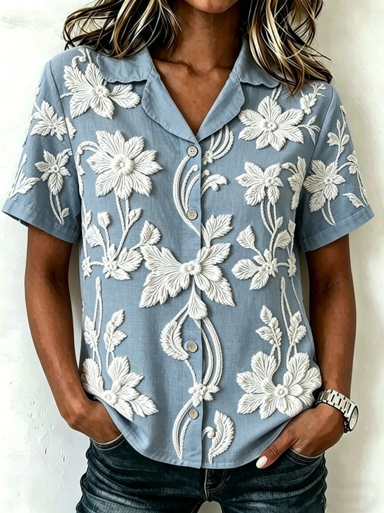 3D Printing Shawl Collar Short Sleeve Vintage Botanical Pattern Casual Shirt