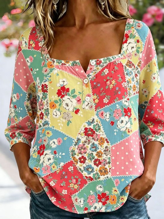 Women's Three Quarter Sleeve Blouse As Picture Floral Printing Square Neck Daily Going Out Vintage Top
