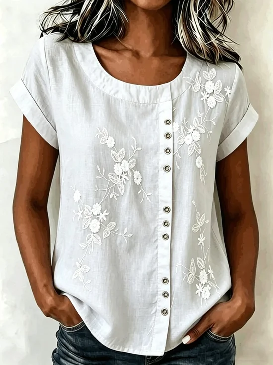 Women's 3D Floral Print Blouse Casual Short Sleeve Crew Neck Loose Button Down Shirt