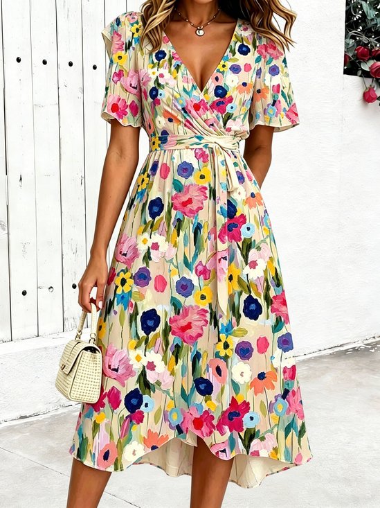 V Neck Puff Short Sleeve Belt Colorful Floral Print Elegant Maxi Dress