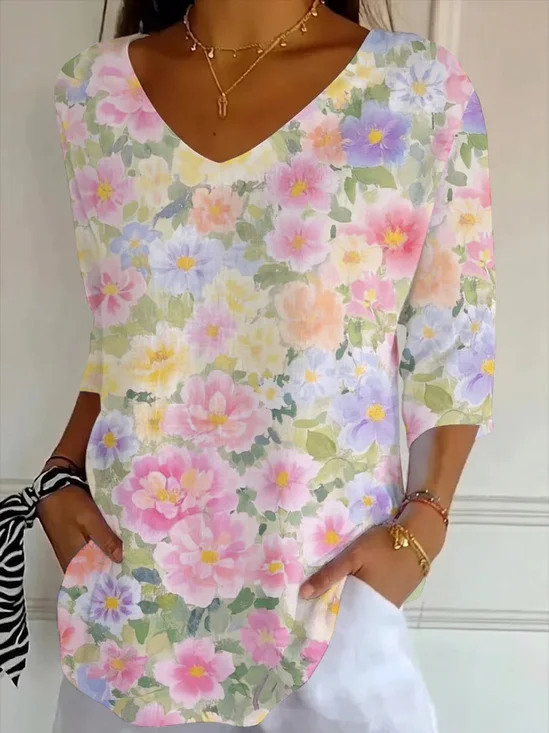 Women's Three Quarter Sleeve T-shirt Spring/Fall As Picture Floral Printing V Neck Daily Going Out Casual Top