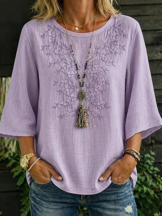 Women's Half Sleeve Blouse Summer Purple Floral Printing Crew Neck Daily Going Out Vintage Top