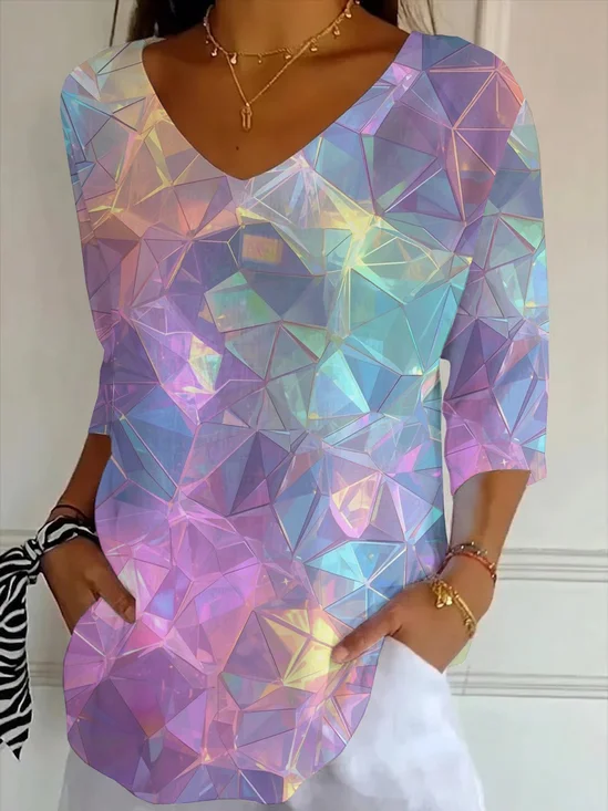 Women's Three Quarter Sleeve T-shirt Spring/Fall As Picture Abstract Printing V Neck Daily Going Out Casual Top