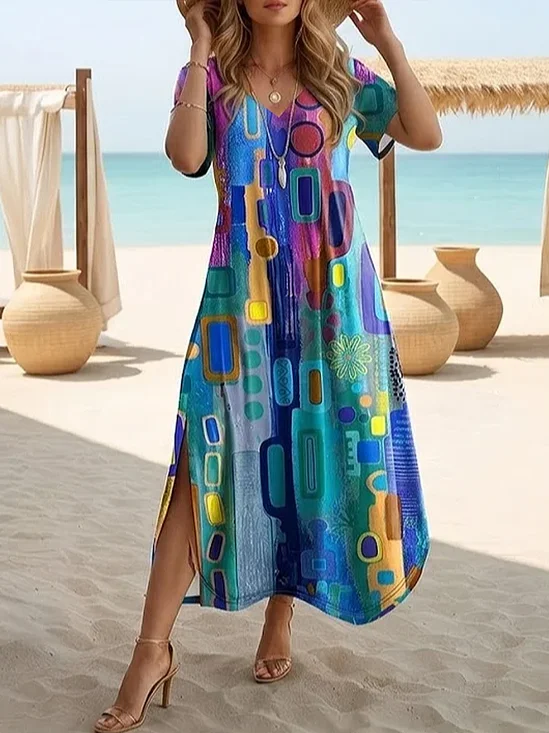 Women's Short Sleeve Summer Blue Abstract Printing Crew Neck Daily Going Out Casual Maxi H-Line T-Shirt Dress Dress