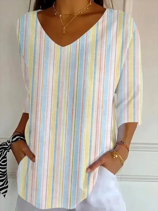 Women's Three Quarter Sleeve T-shirt Spring/Fall As Picture Striped Printing V Neck Daily Going Out Casual Top