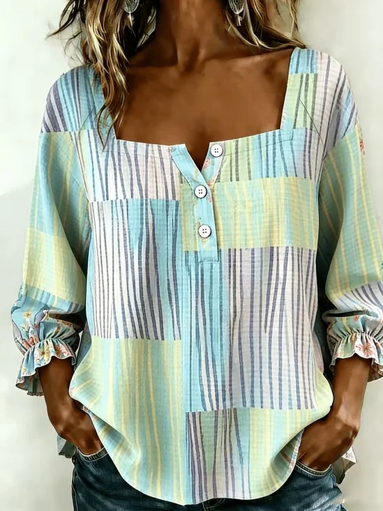Women's Three Quarter Sleeve Blouse Spring/Fall As Picture Striped Printing Square Neck Daily Going Out Vintage Top