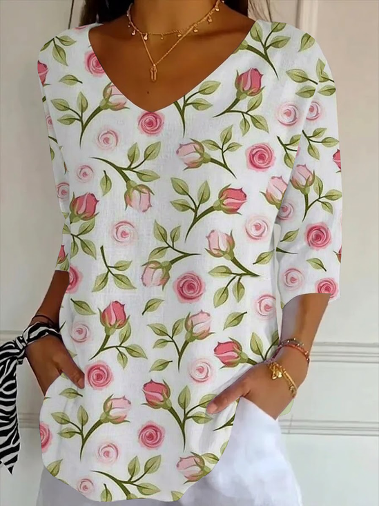 Women's Three Quarter Sleeve T-shirt Spring/Fall White Floral Printing V Neck Daily Going Out Casual Top