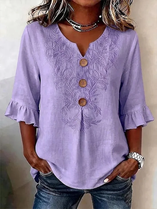 Women's Half Sleeve Blouse Summer Purple Floral Printing V Neck Daily Going Out Vintage Top