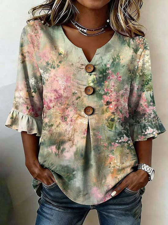 Women's Half Sleeve Blouse Summer As Picture Floral Printing V Neck Daily Going Out Vintage Top