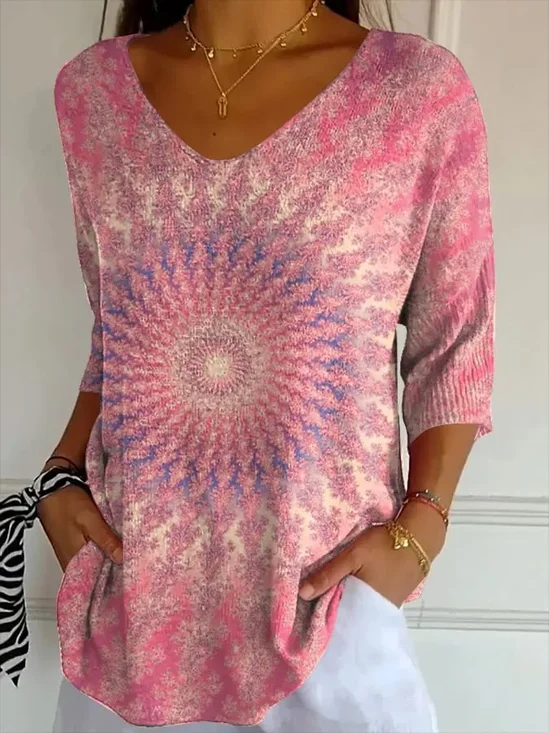 Women's Three Quarter Sleeve T-shirt Spring/Fall Pink Abstract Printing V Neck Daily Going Out Casual Top