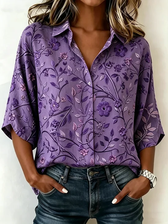 Loose Vintage Floral Shawl Collar Blouse