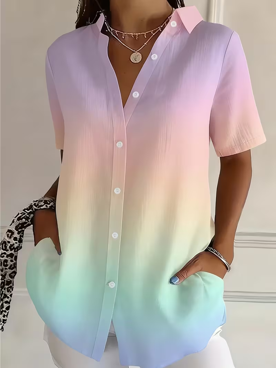 Women's Short Sleeve Shirt Summer As Picture Ombre Printing Shirt Collar Daily Going Out Casual Top