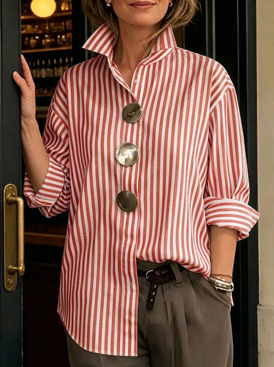 Striped Stylish Stand-collar Metal Buttons Commuting Going Out Casual Shirt