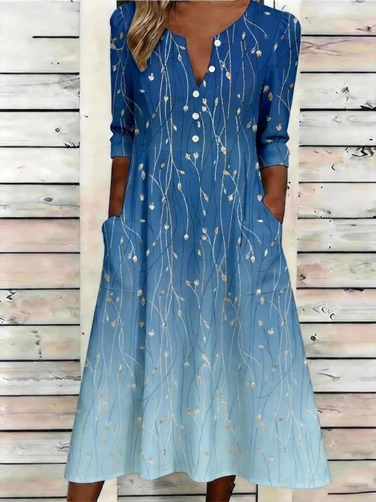 Vintage Half Open Collar Floral Loose Dress With No