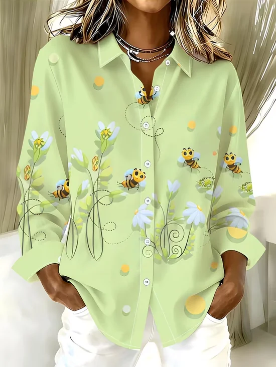 Women's Long Sleeve Shirt Spring/Fall Green Floral Buckle Shirt Collar Regular Sleeve Daily Going Out Casual Top